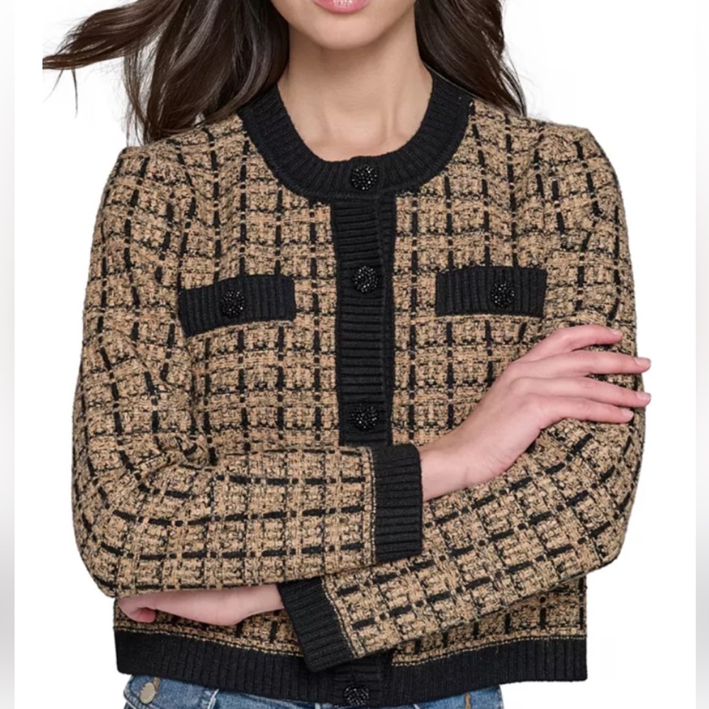 Karl Lagerfild Chic Black and Tan Tweed Cardigan